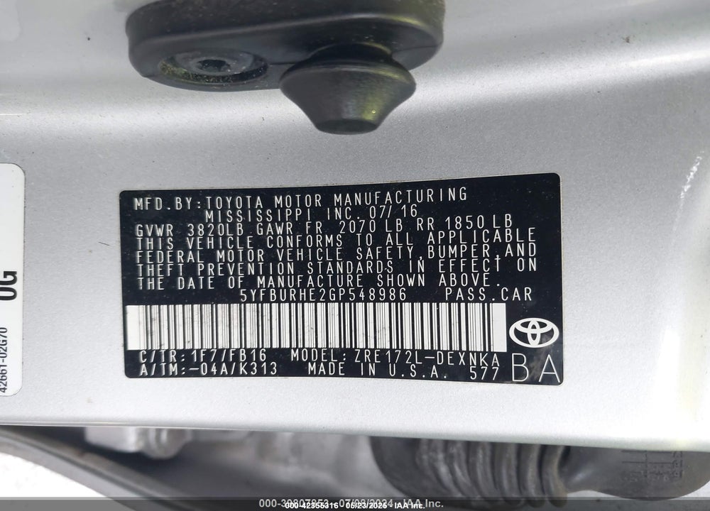2016 TOYOTA COROLLA VIN: 5YFBURHE2GP548986