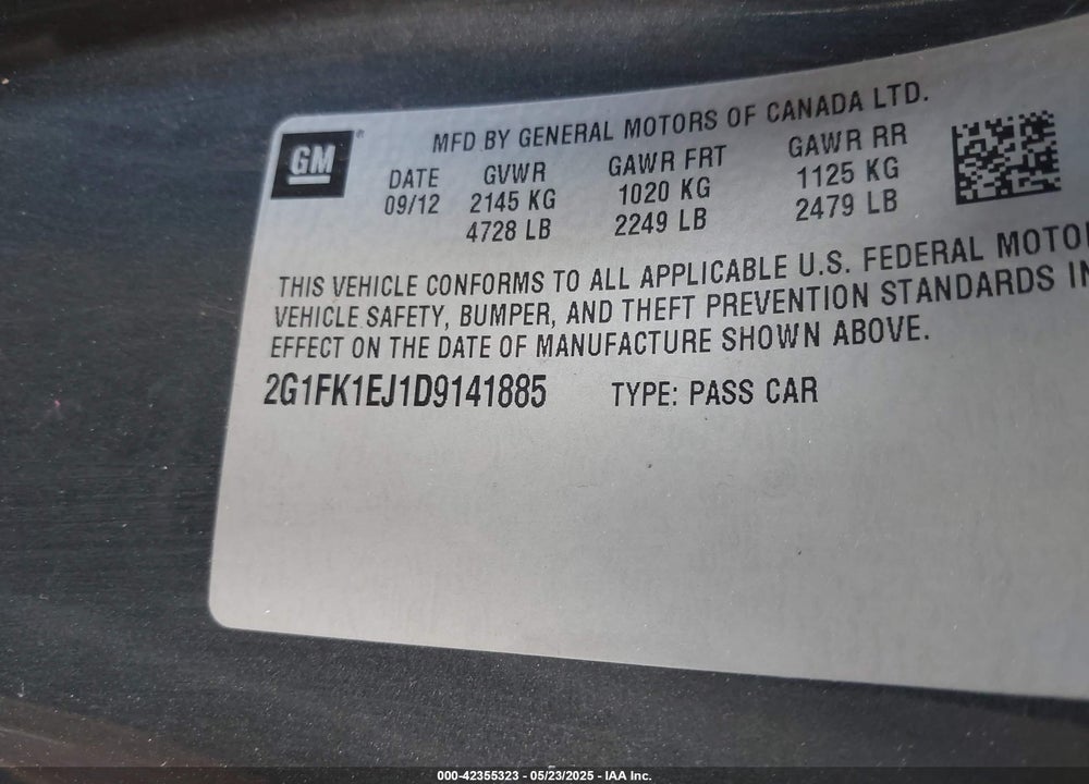 2013 CHEVROLET CAMARO VIN: 2G1FK1EJ1D9141885