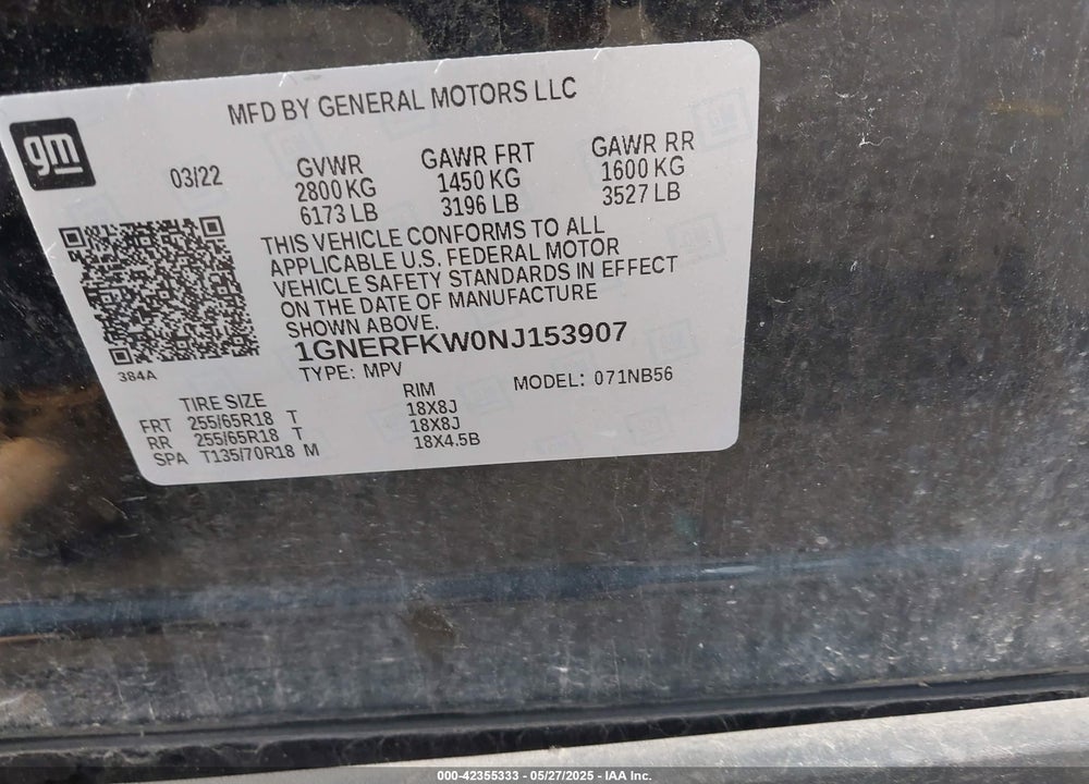 2022 CHEVROLET TRAVERSE VIN: 1GNERFKW0NJ153907