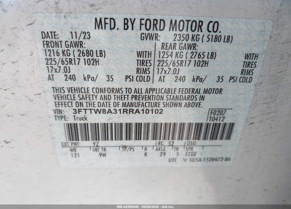 2024 FORD MAVERICK VIN: 3FTTW8A31RRA10102