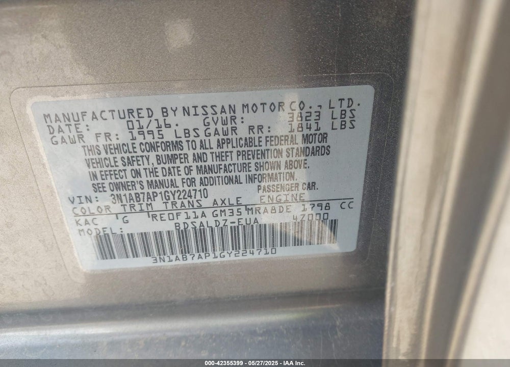 2016 NISSAN SENTRA VIN: 3N1AB7AP1GY224710