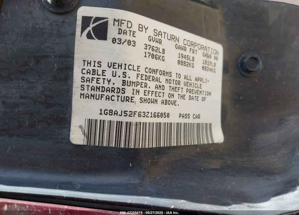 2003 SATURN ION 2 VIN: 1G8AJ52F63Z166050