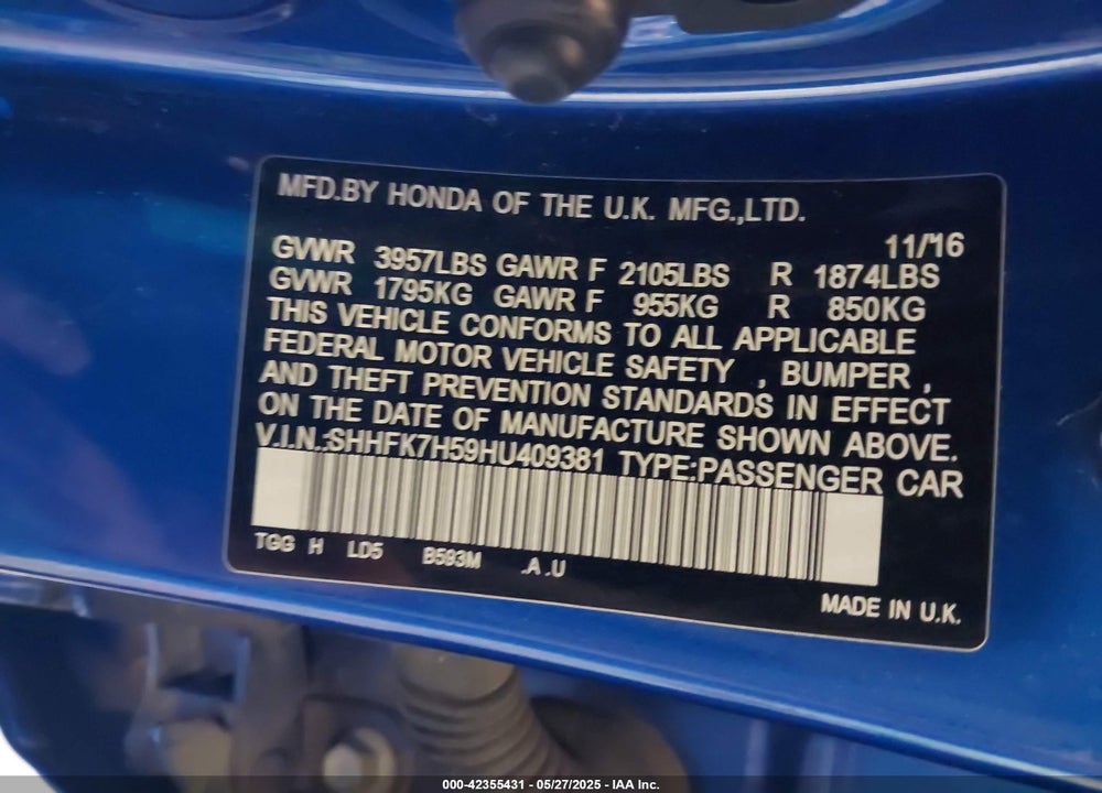 2017 HONDA CIVIC VIN: SHHFK7H59HU409381