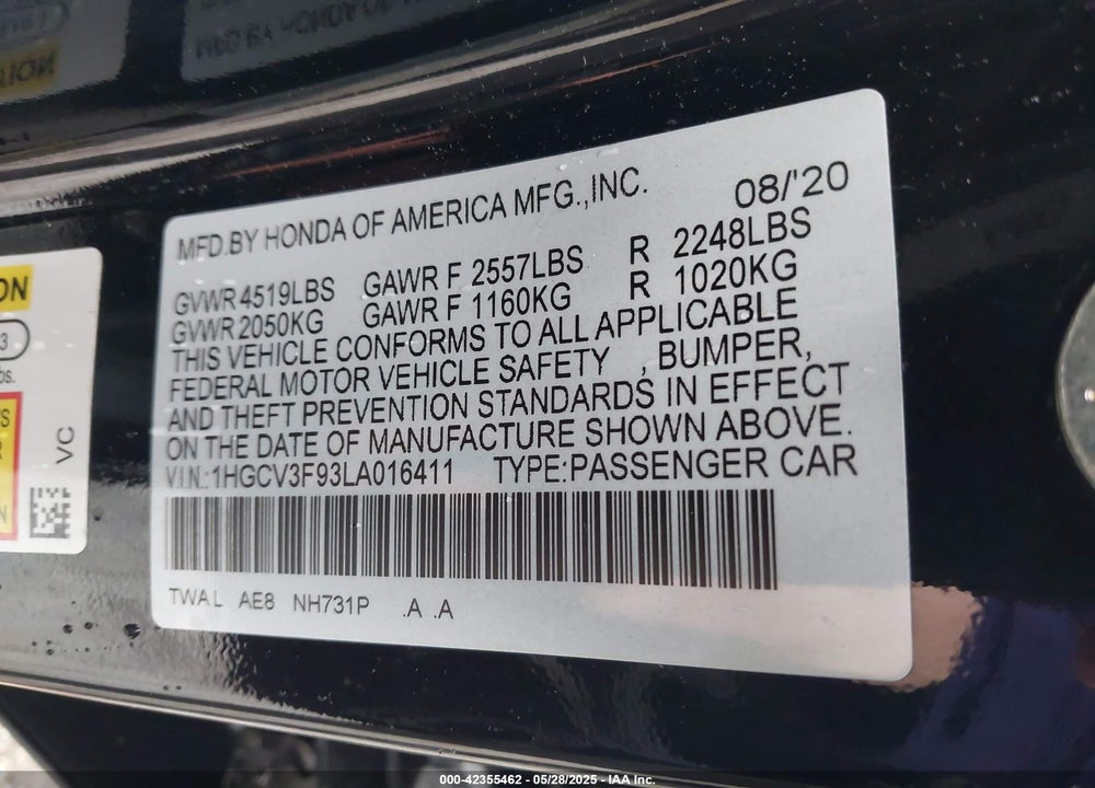 2020 HONDA ACCORD HYBRID TOURING VIN: 1HGCV3F93LA016411