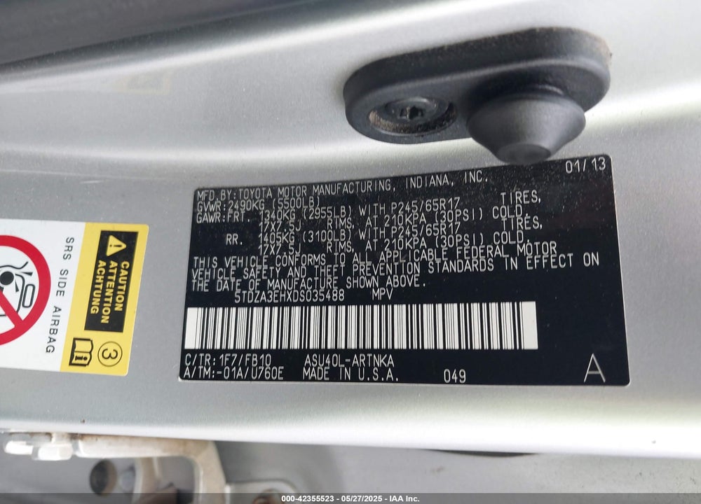 2013 TOYOTA HIGHLANDER VIN: 5TDZA3EHXDS035488