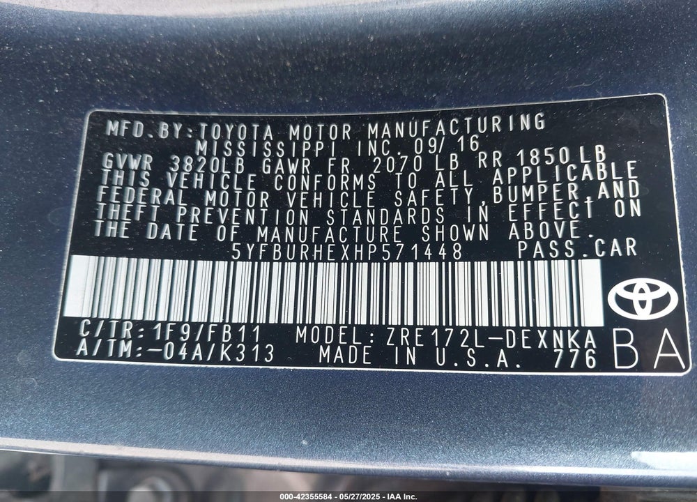2017 TOYOTA COROLLA LE VIN: 5YFBURHEXHP571448