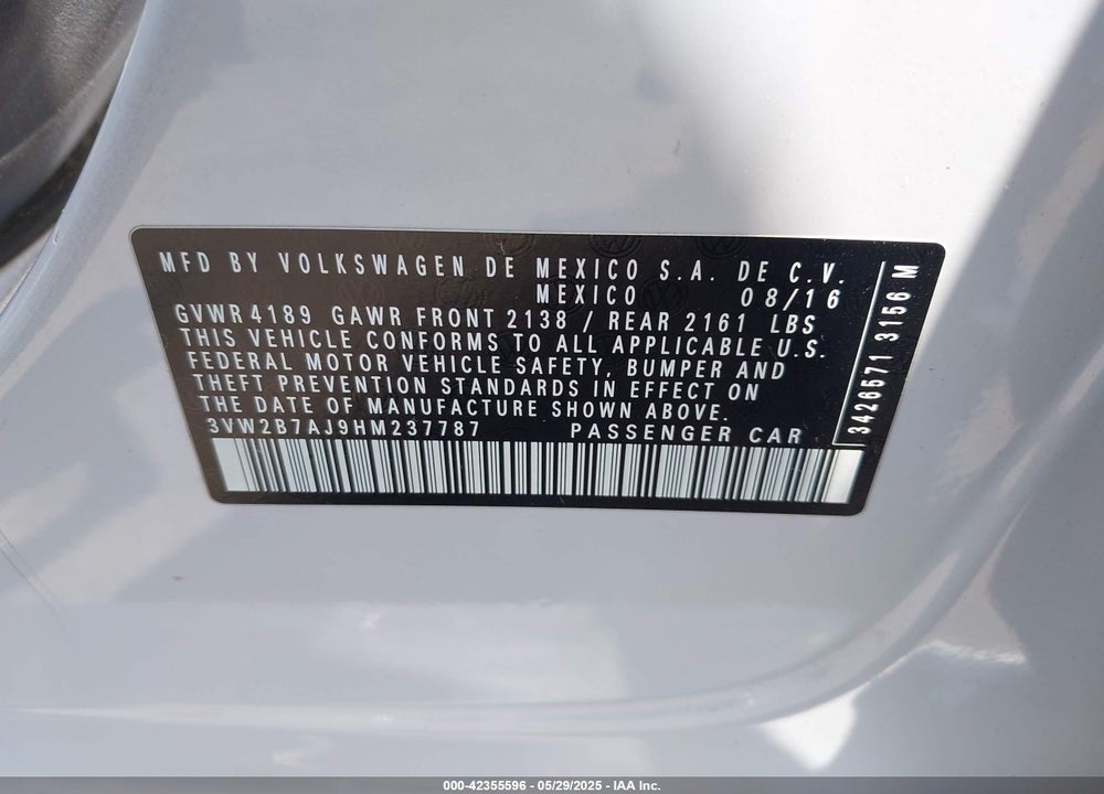 2017 VOLKSWAGEN JETTA VIN: 3VW2B7AJ9HM237787