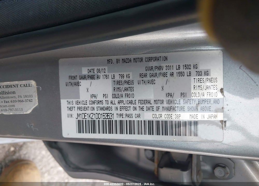 2013 MAZDA 2 SPORT VIN: JM1DE1KZ1D0153531