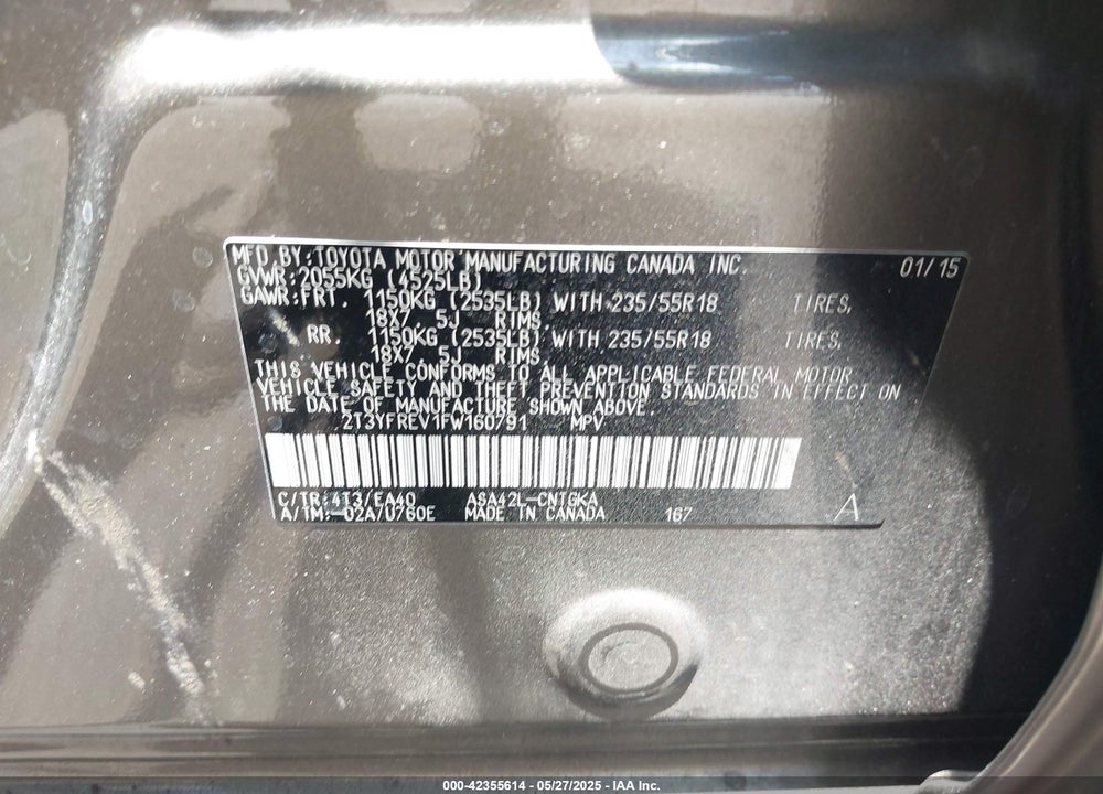 2015 TOYOTA RAV4 VIN: 2T3YFREV1FW160791