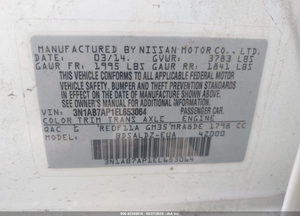 2014 NISSAN SENTRA VIN: 3N1AB7AP1EL653064