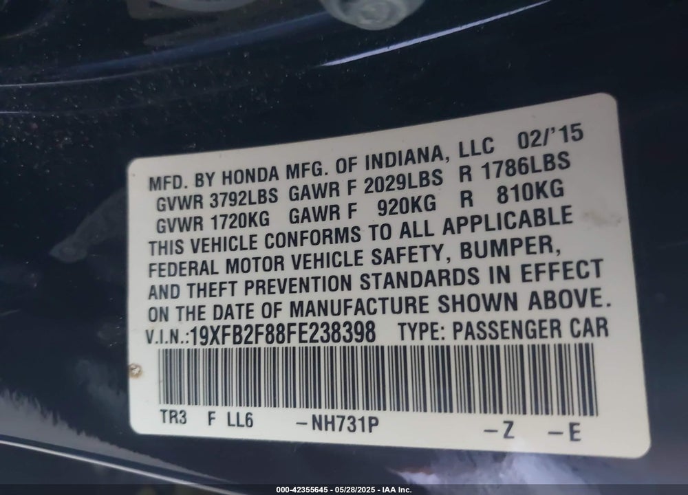 2015 HONDA CIVIC VIN: 19XFB2F88FE238398
