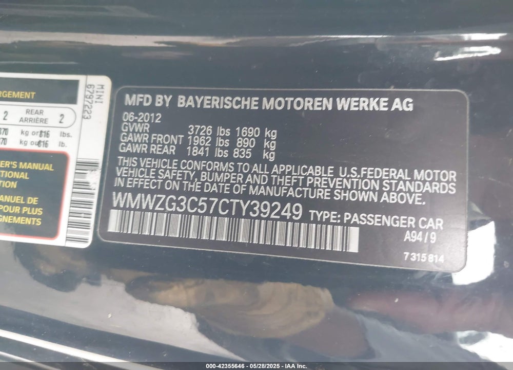 2012 MINI COOPER S VIN: WMWZG3C57CTY39249