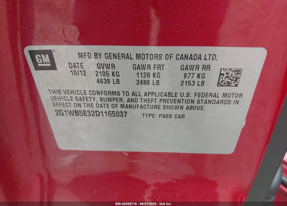 2013 CHEVROLET IMPALA LT VIN: 2G1WB5E32D1165037