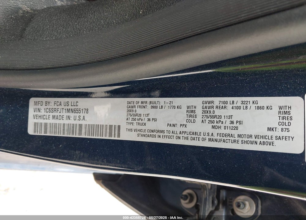 2021 RAM 1500 VIN: 1C6SRFJT1MN655178