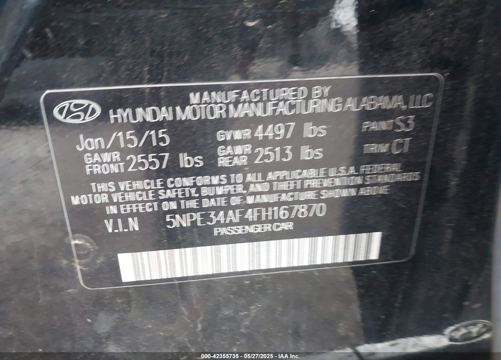 2015 HYUNDAI SONATA SPORT VIN: 5NPE34AF4FH167870