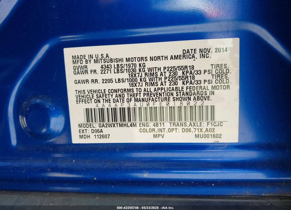 2015 MITSUBISHI OUTLANDER SPORT VIN: 4A4AP3AU0FE018022