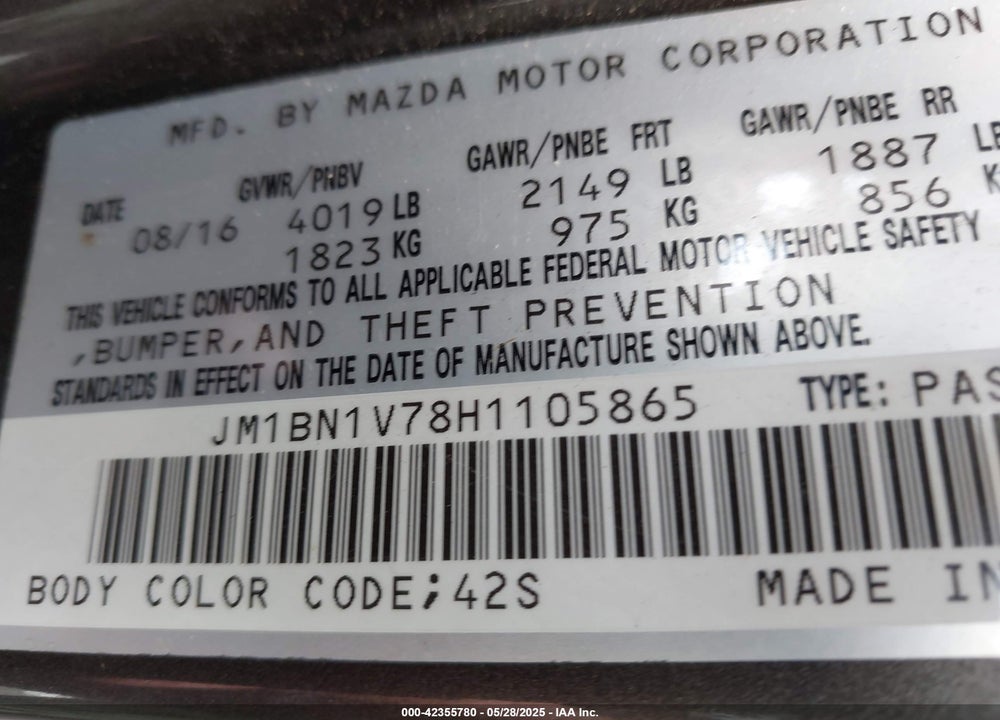 2017 MAZDA 3 VIN: JM1BN1V78H1105865