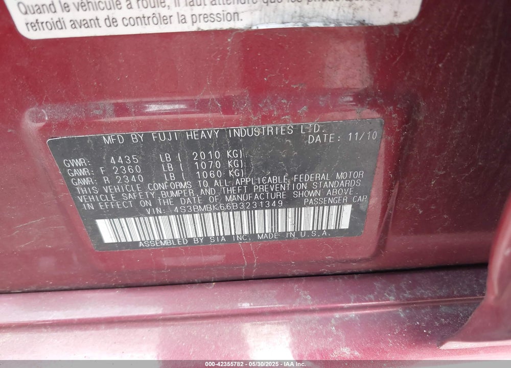 2011 SUBARU LEGACY VIN: 4S3BMBK66B3231349