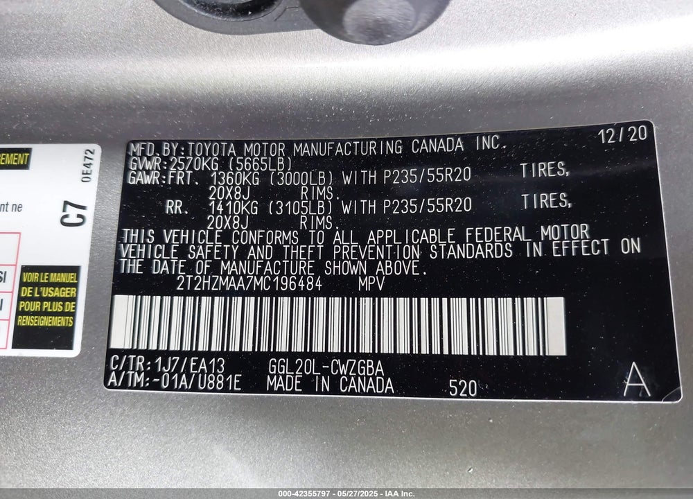 2021 LEXUS RX 350 VIN: 2T2HZMAA7MC196484