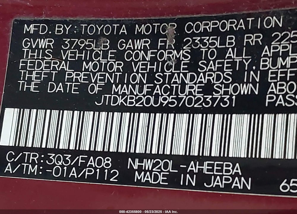 2005 TOYOTA PRIUS VIN: JTDKB20U957023731