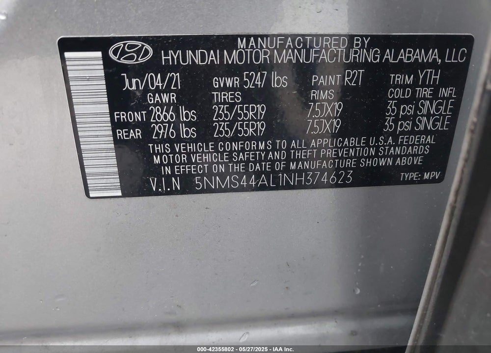 2022 HYUNDAI SANTA FE LIMITED VIN: 5NMS44AL1NH374623