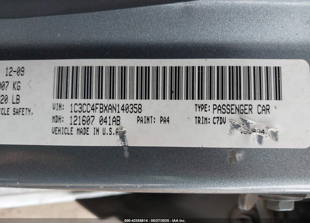 2010 CHRYSLER SEBRING VIN: 1C3CC4FBXAN140358