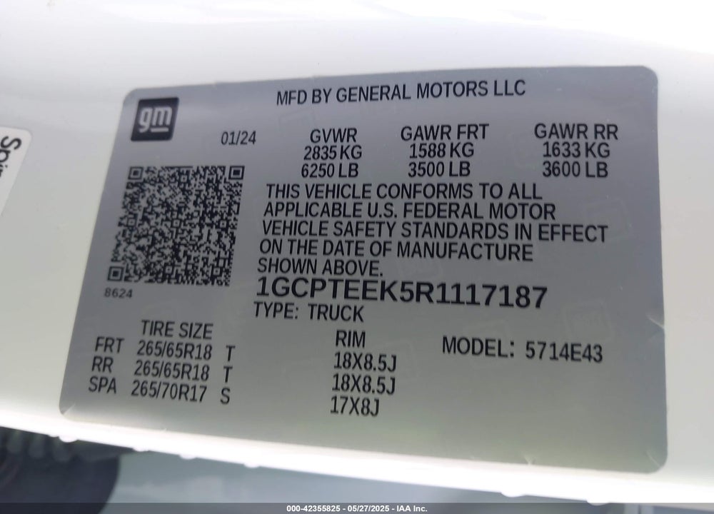 2024 CHEVROLET COLORADO VIN: 1GCPTEEK5R1117187