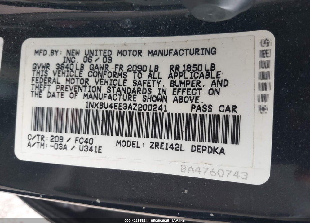 2010 TOYOTA COROLLA LE VIN: 1NXBU4EE3AZ200241