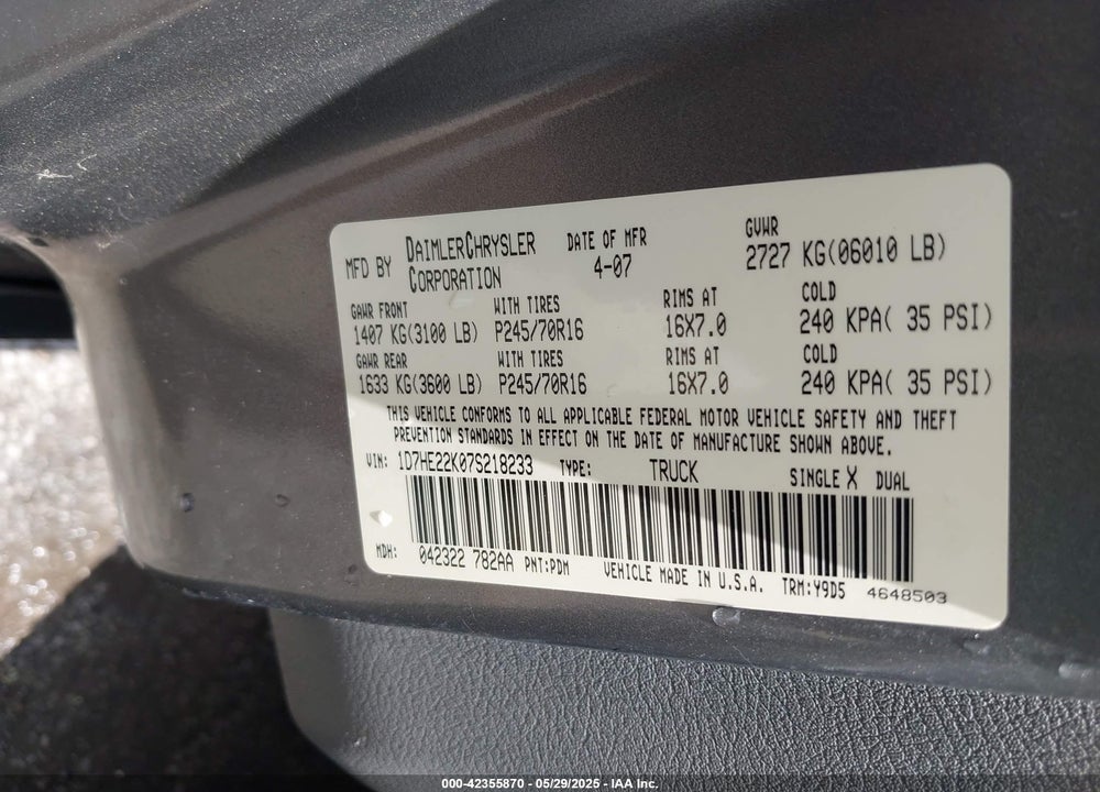 2007 DODGE DAKOTA ST VIN: 1D7HE22K07S218233