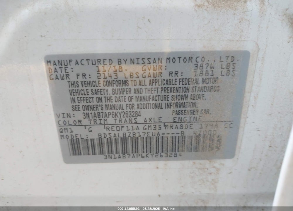 2019 NISSAN SENTRA VIN: 3N1AB7AP6KY263284