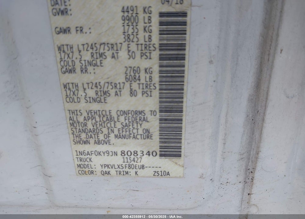 2018 NISSAN NV CARGO NV3500 HD VIN: 1N6AF0KY9JN808340