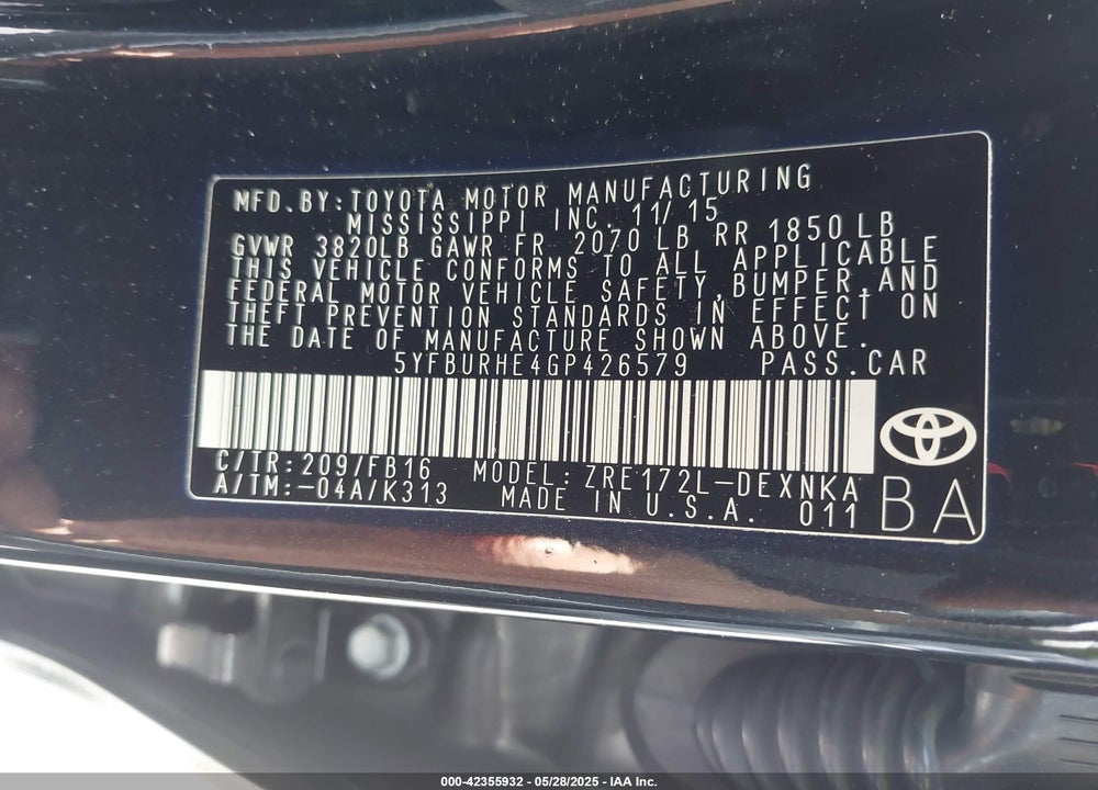 2016 TOYOTA COROLLA LE VIN: 5YFBURHE4GP426579