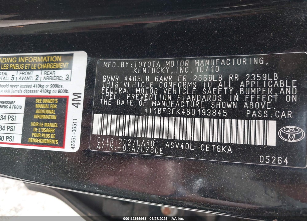 2011 TOYOTA CAMRY VIN: 4T1BF3EK4BU193845
