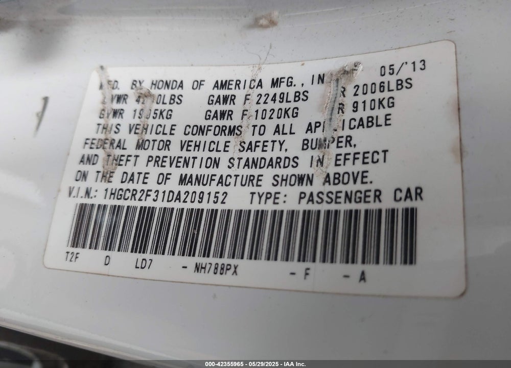 2013 HONDA ACCORD LX VIN: 1HGCR2F31DA209152