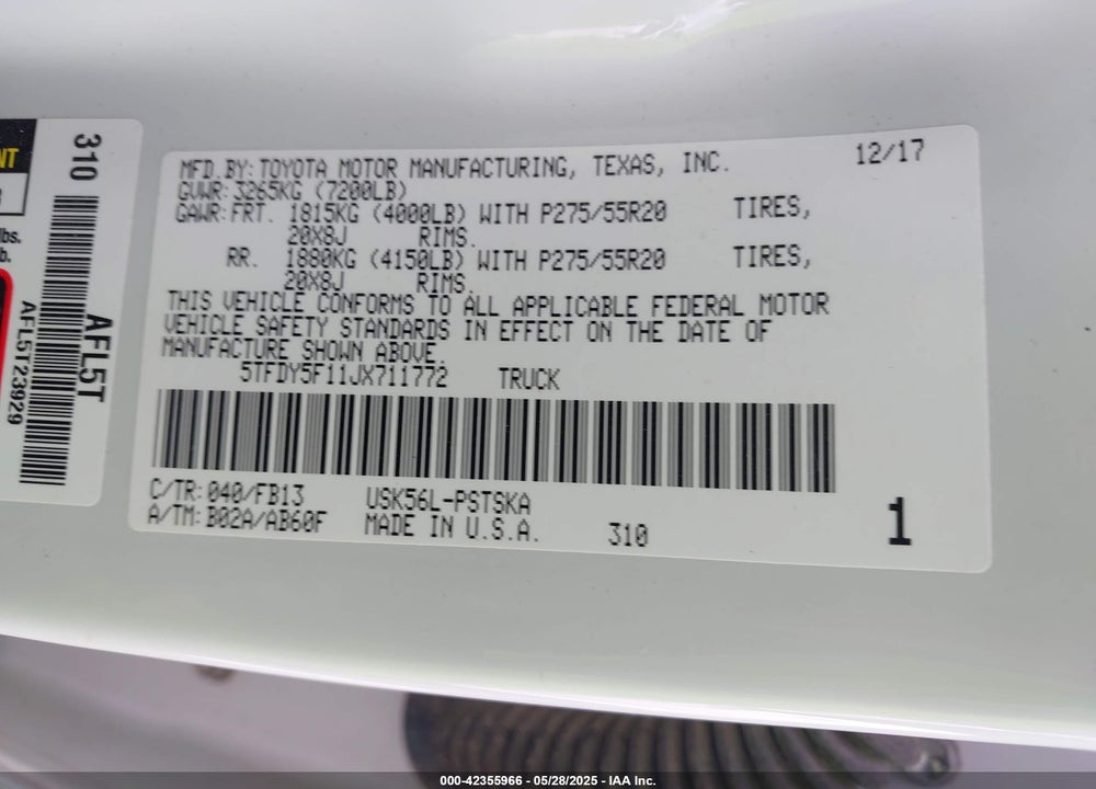 2018 TOYOTA TUNDRA VIN: 5TFDY5F11JX711772