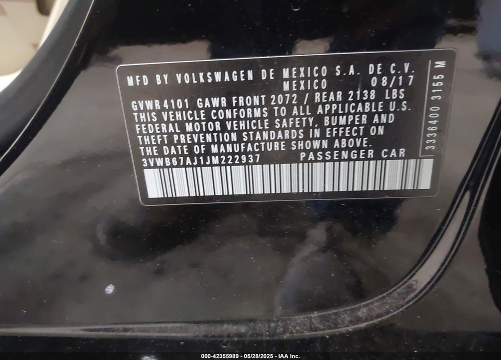 2018 VOLKSWAGEN JETTA VIN: 3VWB67AJ1JM222937