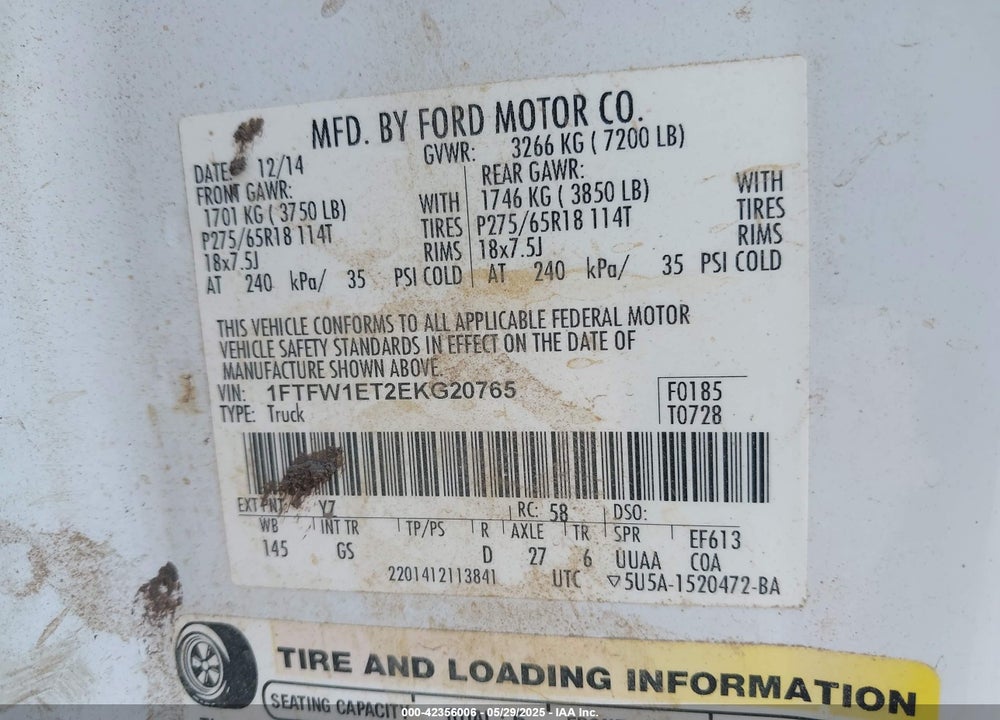 2014 FORD F-150 VIN: 1FTFW1ET2EKG20765