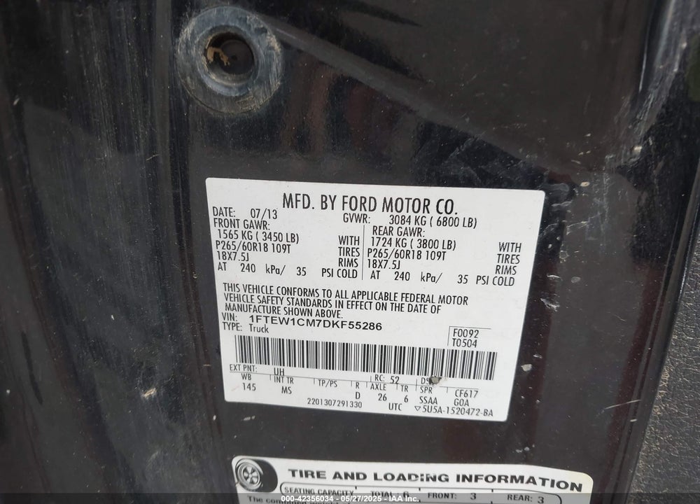2013 FORD F-150 XLT VIN: 1FTEW1CM7DKF55286