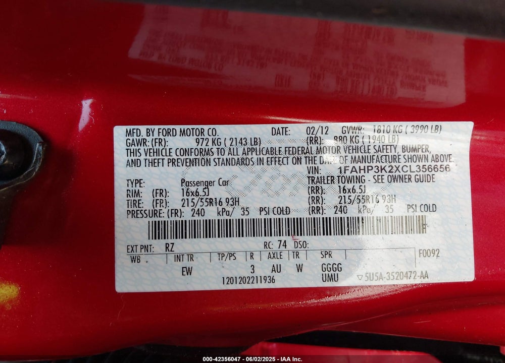 2012 FORD FOCUS VIN: 1FAHP3K2XCL356656