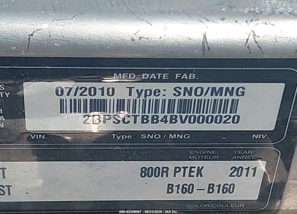 2011 SKI DOO SNOWMOBILE VIN: 2BPSCTBB4BV0000Z0