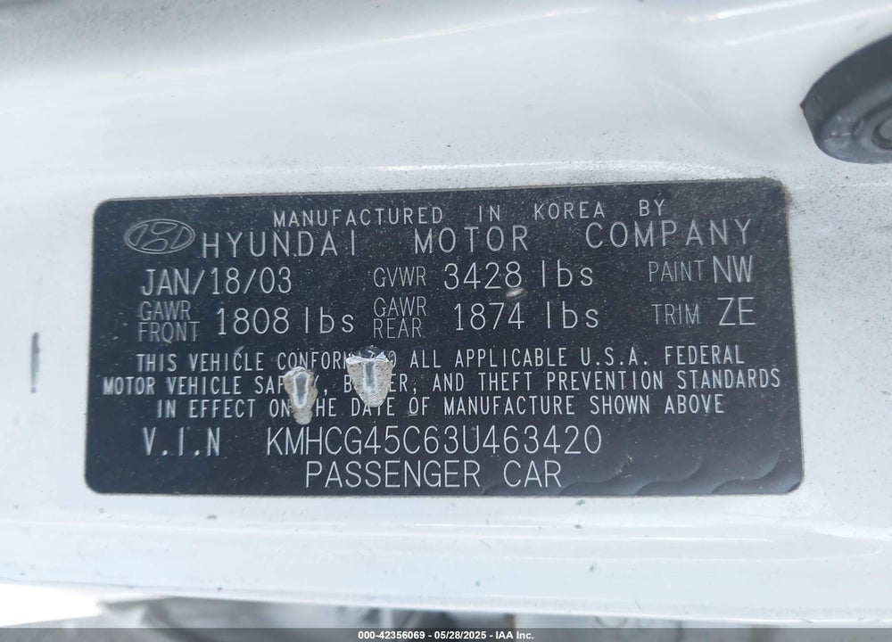 2003 HYUNDAI ACCENT GL VIN: KMHCG45C63U463420