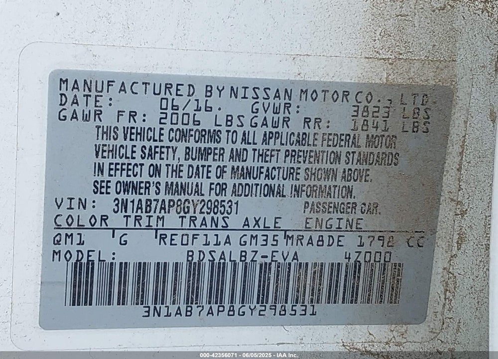 2016 NISSAN SENTRA S VIN: 3N1AB7AP8GY298531