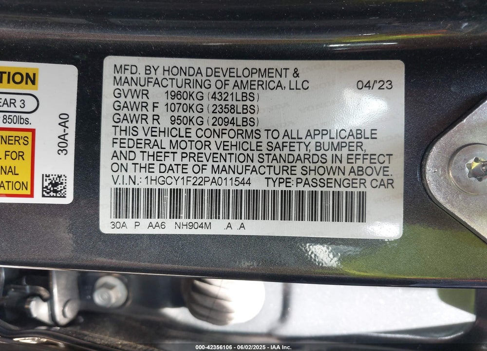 2023 HONDA ACCORD VIN: 1HGCY1F22PA011544
