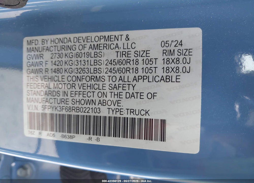 2024 HONDA RIDGELINE VIN: 5FPYK3F68RB022103