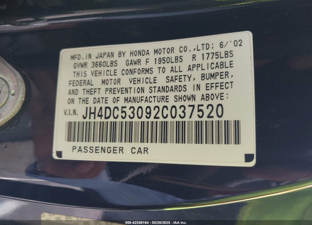 2002 ACURA RSX TYPE-S VIN: JH4DC53092C037520