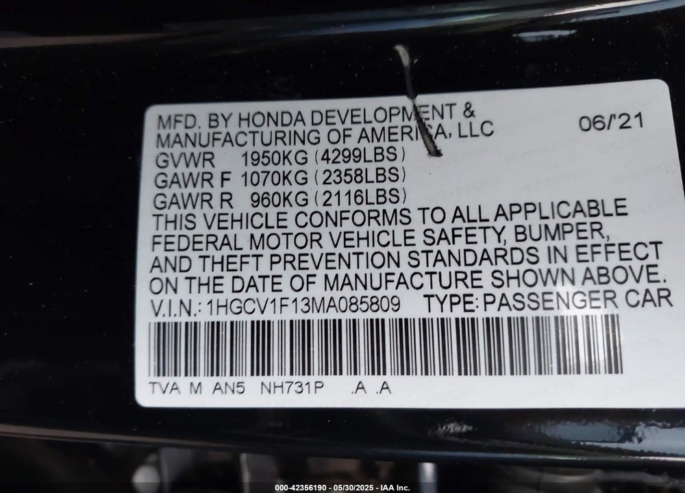 2021 HONDA ACCORD VIN: 1HGCV1F13MA085809