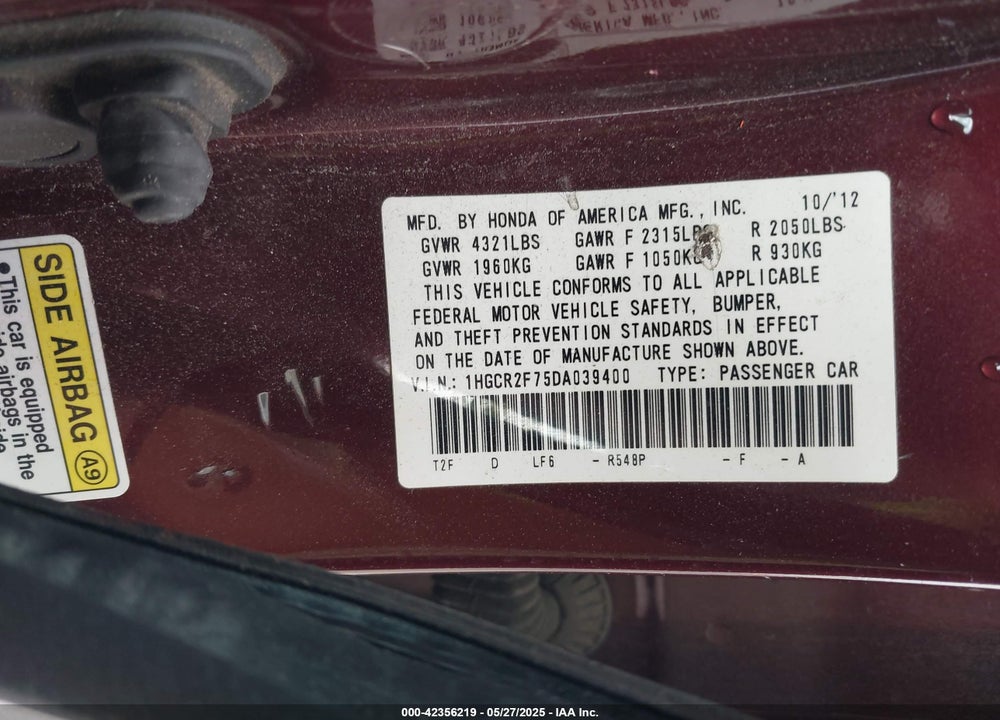 2013 HONDA ACCORD VIN: 1HGCR2F75DA039400