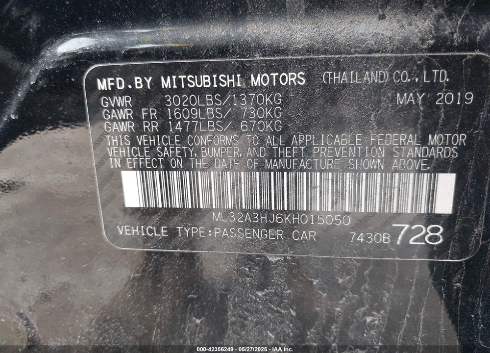 2019 MITSUBISHI MIRAGE ES VIN: ML32A3HJ6KH015050