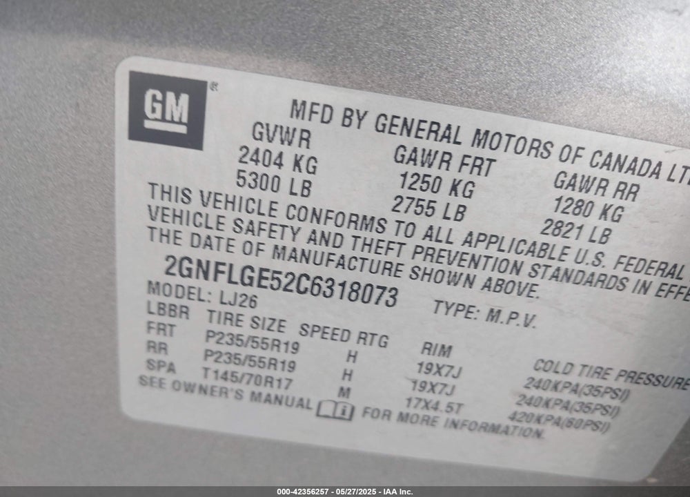 2012 CHEVROLET EQUINOX LTZ VIN: 2GNFLGE52C6318073