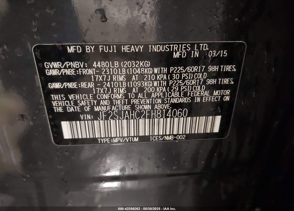 2015 SUBARU FORESTER VIN: JF2SJAHC2FH814060